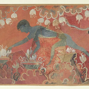 Painting of the Blue Monkey Saffron Gatherer fresco from the Palace of Minos at Knossos (Evans Fresco Drawing L/3 a)), circa 1921 (paper, pigment)