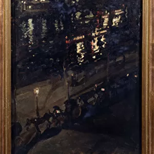 Paris la nuit (Paris at Night). Vue de quais de la Seine, avec un attelage a cheval, et des lumieres de la ville qui se refletent a la surface de l eau