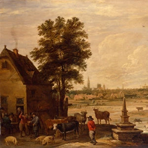 Peasants striking a Bargain over the Sale of a Pig on the Border of the City of Antwerp (oil on panel)