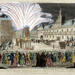Perspective view of a fireworks display in front of the Hotel de Ville for