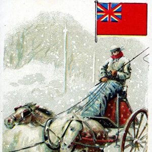A Postman in England delivering mail in winter, late 19th century (colour litho)