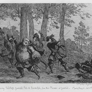 The Prince and Poins driving Falstaff, Gadshill, Peto and Bardolph, from their Plunder at Gadshill (engraving)