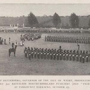 Princess Henry of Battenberg, Governor of the Isle of Wight, presenting Colours to the Newly Formed 3rd Battalion Northumberland Fusiliers (Old "Fighting Fifth") at Parkhurst Barracks, 25 October (b / w photo)