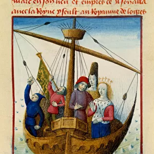 Queen Iseult (Iseult) of Tristan and they embarked for the kingdom of Logres Miniature taken from "Romanesque du Chevalier Tristan and Queen Yseult"by Gassien de Poitiers enluminated by Everard de Espinques (Evrard d')