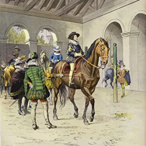 Richelieu learning to ride at L Academie De Pluvinel (colour litho)
