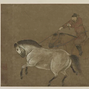 A rider lassoing a horse (ink and colour on silk)