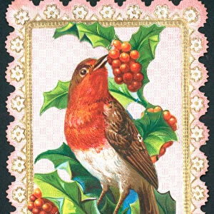 Robin eating berries, Christmas Card (chromolitho)
