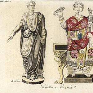 Roman senator in toga with scroll and small round box at his feet, and consul in colorful painted toga or toga picta seated on a chair