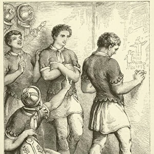 Roman soldier drawing a caricature of Alexamenos (engraving)
