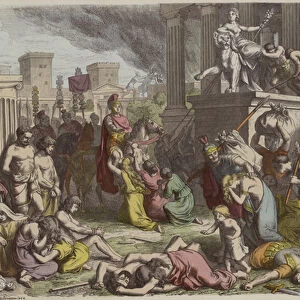Roman soldiers looting a conquered city (coloured engraving)