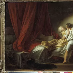 The Romantic Scene lock depicting a young man preventing his mistress from leaving the bedroom in bed. Painting by Jean-Honore Fragonard (1732-1806) 18th century. Dim. 0, 73x0, 93 m