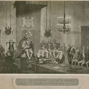 His Royal Highness the Prince Regent delivering a speech in the House of Lords (engraving)