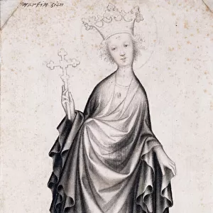 Sainte Marguerite d Antioche (morte vers 305) (Saint Margaret) (elle tient un crucifix et pietine un dragon) - Oeuvre d un maitre de Boheme (actif 1410-1420), crayon et brosse sur papier (21, 4x14 cm), vers 1410 - Szepmuveszeti Muzeum
