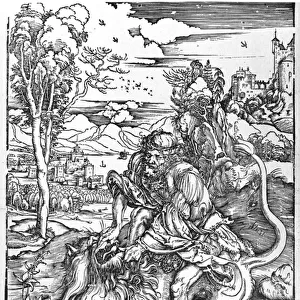 Samson slaying the lion, c. 1496-98 (woodcut) (b / w photo)