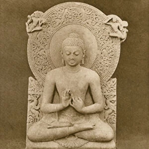 Sculpture of the Buddha preaching, from Sarnath, India (b / w photo)