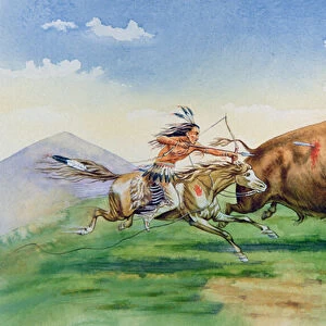 Sioux hunting buffalo on decorated pony (oil on canvas)