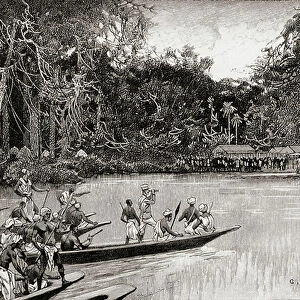 Sir Henry Morton Stanley meeting with his rear column at Banalya, Africa, 17 August 1888, during his Emin Pasha Relief Expedition, from In Darkest Africa by Henry M. Stanley pub. 1890
