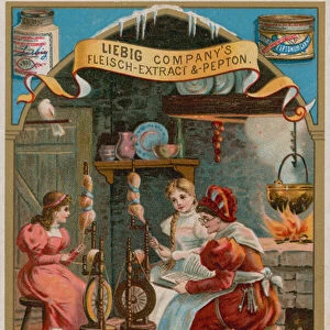 Snow White and Rose Red Spinning with Their Mother (chromolitho)