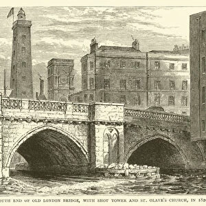 South end of Old London Bridge, with Shot Tower and St Olaves Church, in 1820 (engraving)
