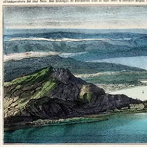 Strait dei Dardanelli, birds eye view: on the left the European coast, on the right the Asian coast, highlighted the forts to defend the territory, 1853 (colour litho)