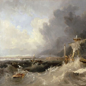 Sunderland Old Pier and Lighthouse with Ryhope Church in distance, 1840 (oil on canvas)