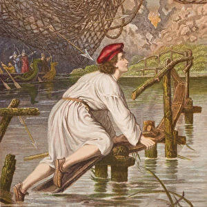 Tender Conscience crossing the bridge, illustration from The Pilgrims Progress