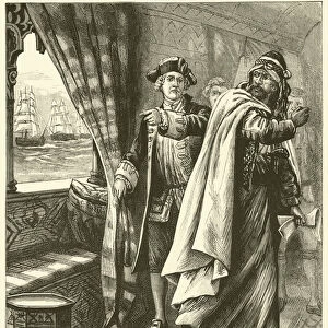 "The Admiral pointed to the British fleet riding at anchor in the bay"(engraving)