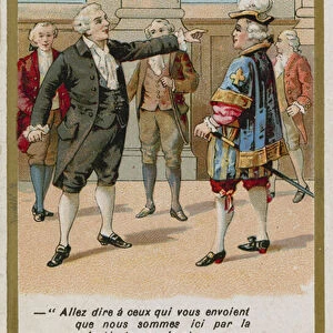 Trade card depicting the response of the comte de Mirabeau to the marquis de Dreux-Breze (chromolitho)