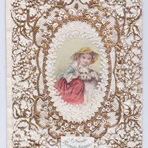A Victorian gold and white embossed paper lace greeting card with a girl holding a dog in