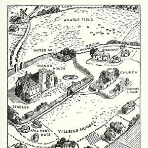 View of a medieval village showing how its community, clustering round the manor house, was practically self-dependent (litho)