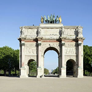 View of the triumphal arch of the Carrousel in Paris, neoclassical French architecture of Empire style, a monument built between 1808 and 1809 under Napoleon 1er, in commemoration of the victory of the Great Armee in Austerlitz in 1805