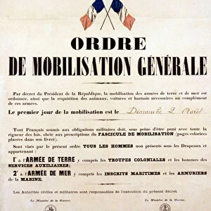 War 1914-1918. Poster for the Order of General Mobilization of the Armee de terre et