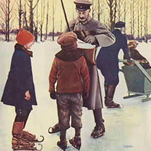 In Winter this German postman goes his round on skates (colour photo)