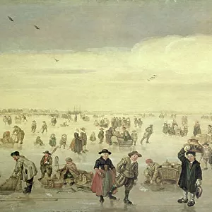 Winter Scene with Numerous Figures on the Ice, c. 1600-31 (oil on panel)