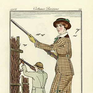 Woman holding a shotgun in a tweed hunting outfit, 1912 (stencil)