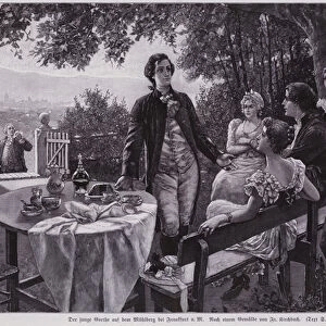 The young Johann Wolfgang von Goethe on the Muhlberg near Frankfurt, reciting a poem to his mother, sister and friends, 1771 (engraving)