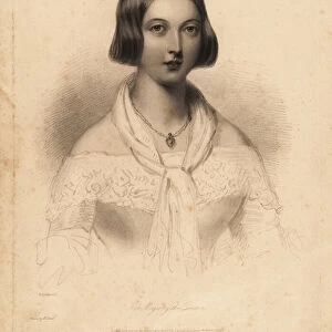 Young Queen Victoria, early 20s. Steel stipple engraving by William Henry Mote after an illustration by William Drummond from Charles Heaths English Pearls, or Portraits for the Boudoir, Tilt and Bogue, London, 1843