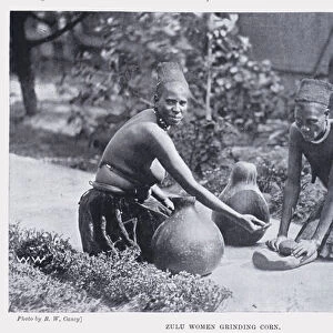 Zulu Women grinding Corn (b / w photo)