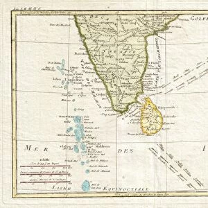 1780, Bonne Map of Southern India, Ceylon, and the Maldives, Rigobert Bonne 1727 - 1794