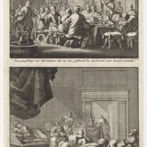 Bishops at a table and drunken bishops asleep in a room, Jan Luyken, Jacobus van