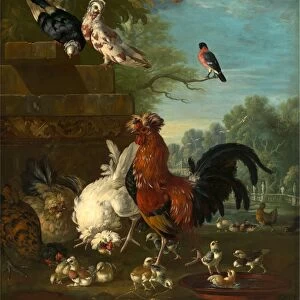 Domestic cock, hens, and chicks in a park Signed and dated, lower left: PCasteels