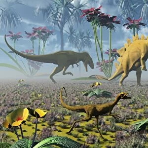 Dinosaurs running around an imaginative garden
