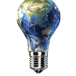 Light bulb with planet Earth inside glass, Asia view