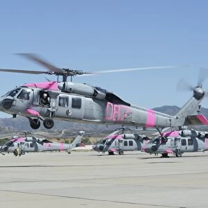 An MH-60S Sea Hawk helicopter lifts off from Camp Pendleton
