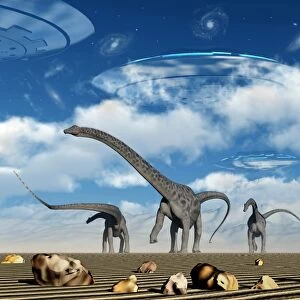 Omeisaurus dinosaurs are startled by the arrival of flying saucers