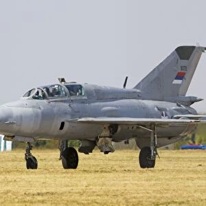A Serbian Air Force MiG-21UM taxiing at Batajnica Air Base