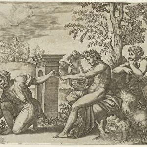 Apollo seated at the right with a lyre, pointing to a kneeling man who is about to flay... 1530-60. Creator: Master of the Die