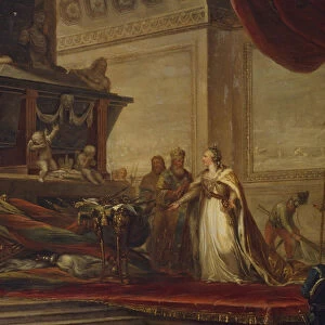 Catherine II laying the trophies of the Battle of Chesma on the tomb of Peter the Great, 1791. Artist: Hune (Huhne), Andreas Caspar (1749-1813)