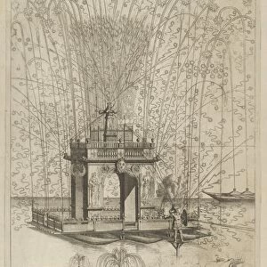 Fireworks display with triumphal arch supported by three pontoons on the water, de... 17th century. Creator: Anon
