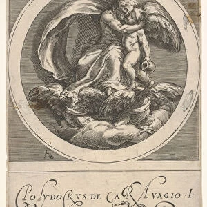 Jupiter, seated above two eagles and embracing Cupid, a round composition from a serie